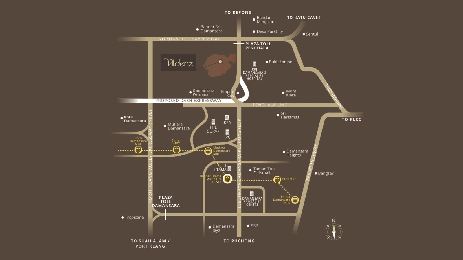 Location map of The Aldenz @ Damansara Perdana showing MRT stations, highways and nearby amenities