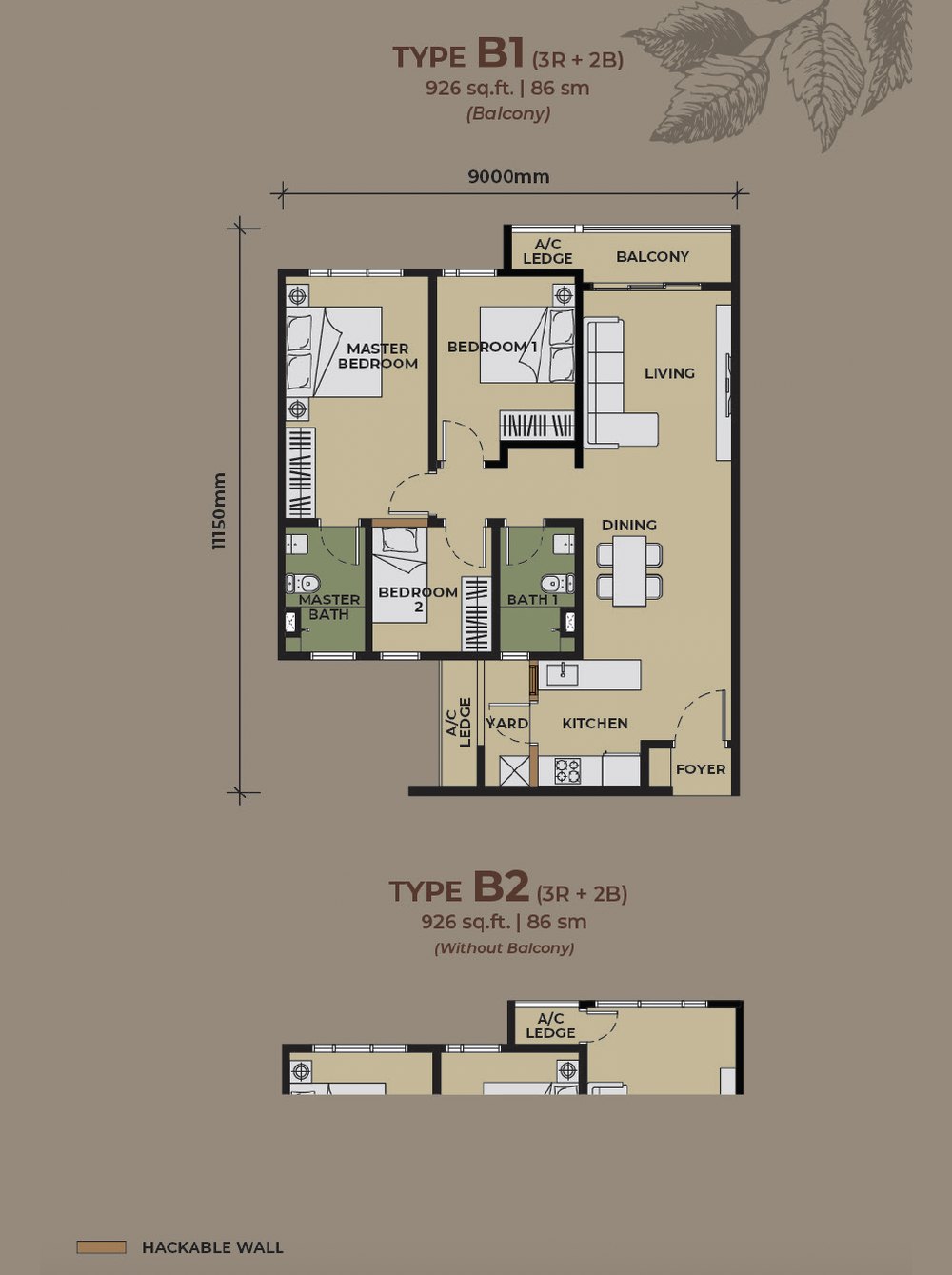 Type B layout, 926 sq. ft., 3 rooms, The Aldenz @ Damansara Perdana