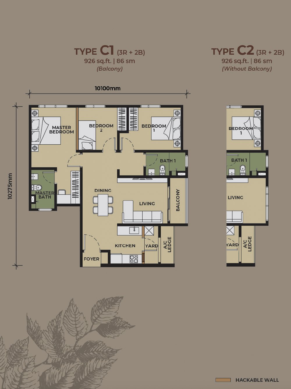 Type C1/C2 layout, 926 sq. ft., 3 rooms, The Aldenz @ Damansara Perdana