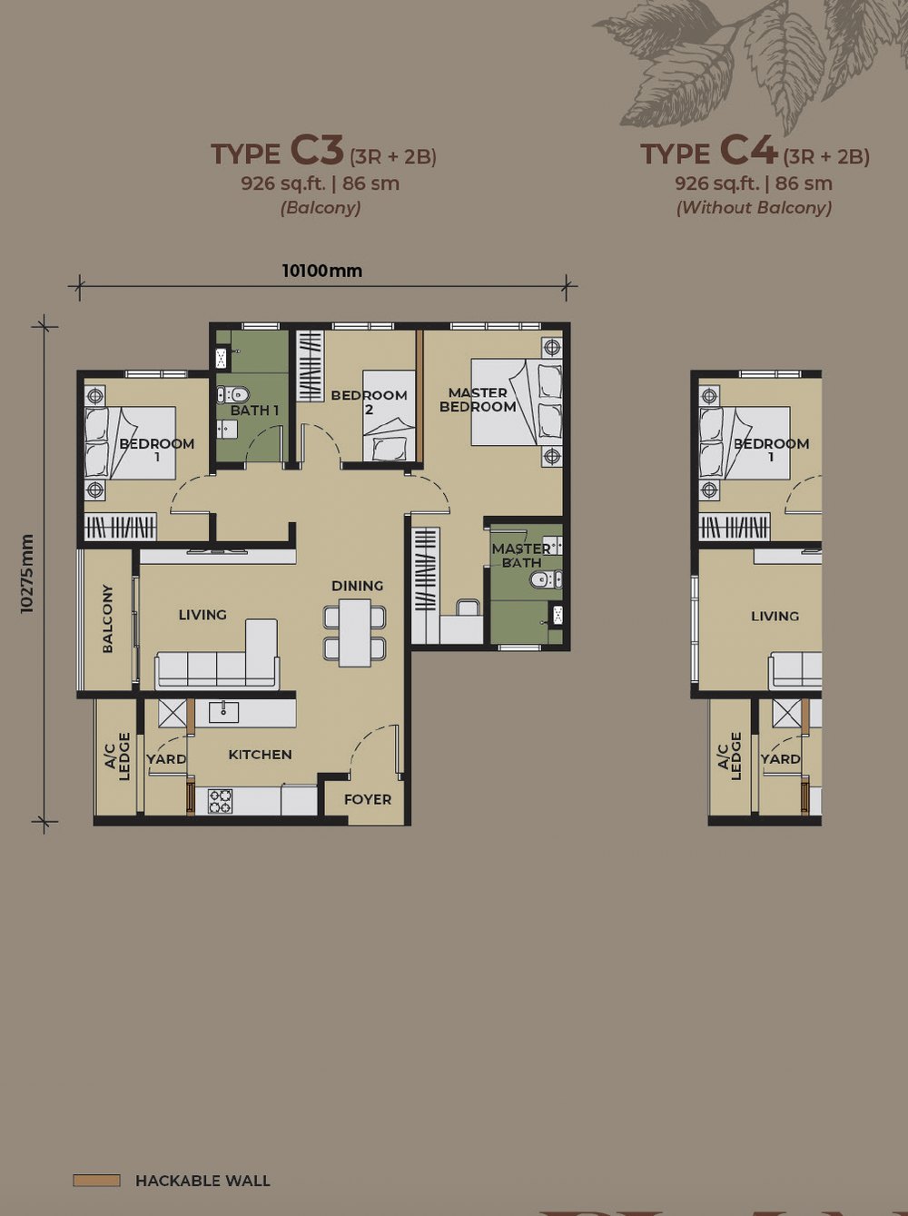 Type C3/C4 layout, 926 sq. ft., 3 rooms, The Aldenz @ Damansara Perdana