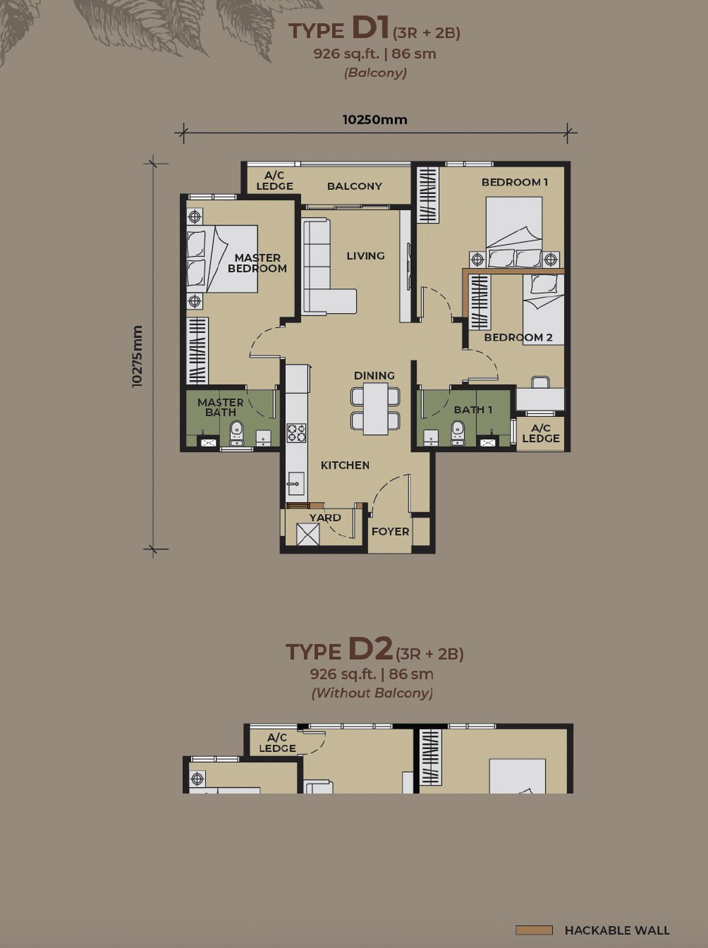 Type D layout, 926 sq. ft., 3 rooms, The Aldenz @ Damansara Perdana