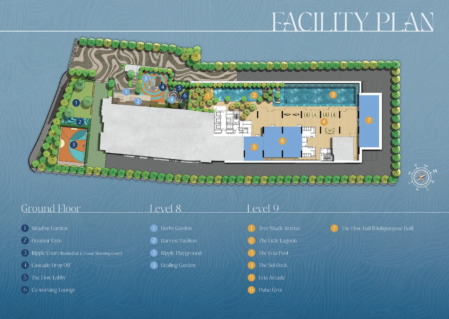Facility plan for D&rsquo;Evia Residences @ Kwasa Damansara, showing ground floor, level 8 and level 9