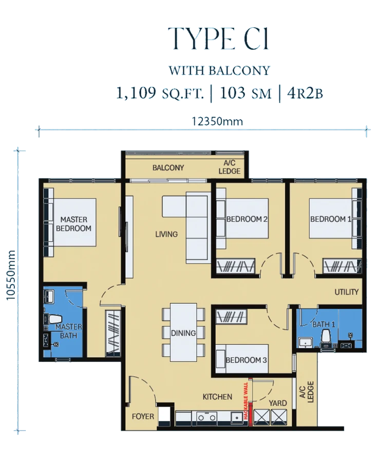 Type C1 layout, 1,109 sq. ft., 4 rooms, D&rsquo;Evia Residences @ Kwasa Damansara