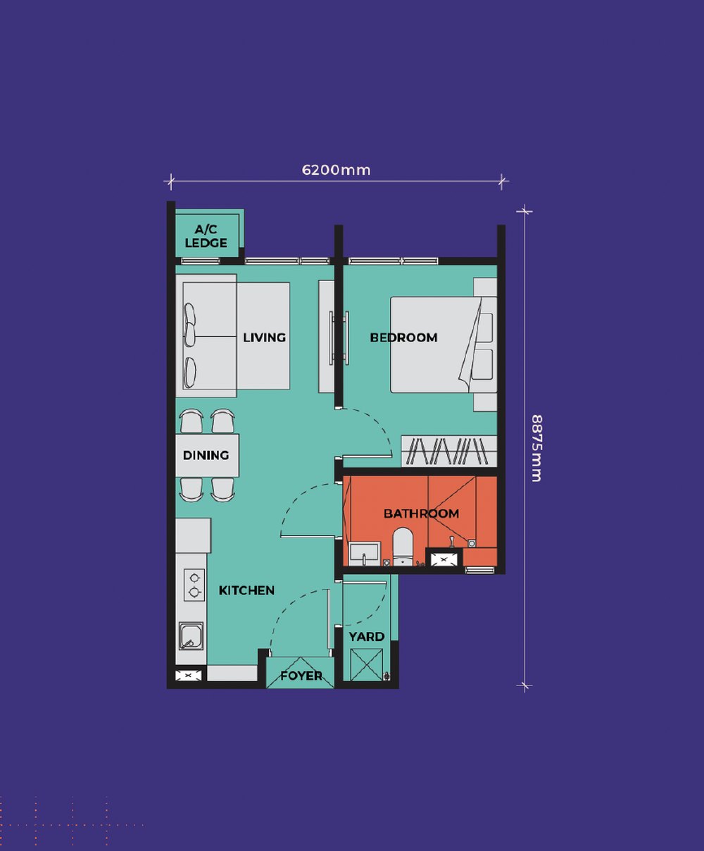 Vividz Type A floor plan, 484 sq. ft., 1 bedroom