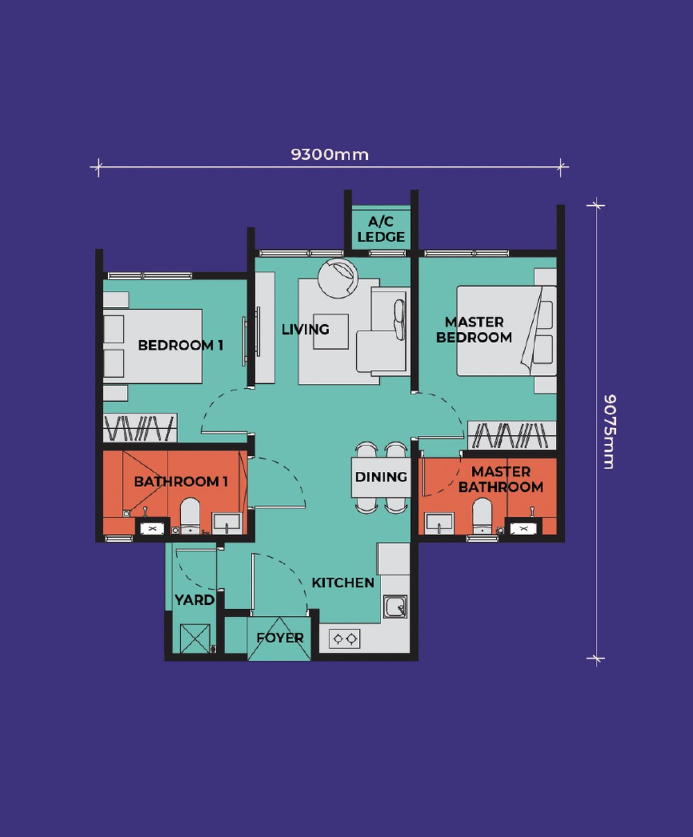 Vividz Type B floor plan, 689 sq. ft., 2 bedrooms