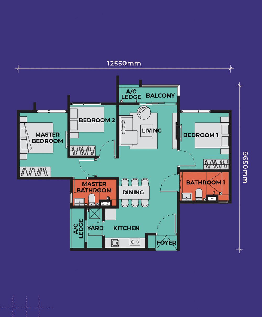 Vividz Type C1 floor plan, 915 sq. ft., 3 bedrooms with balcony