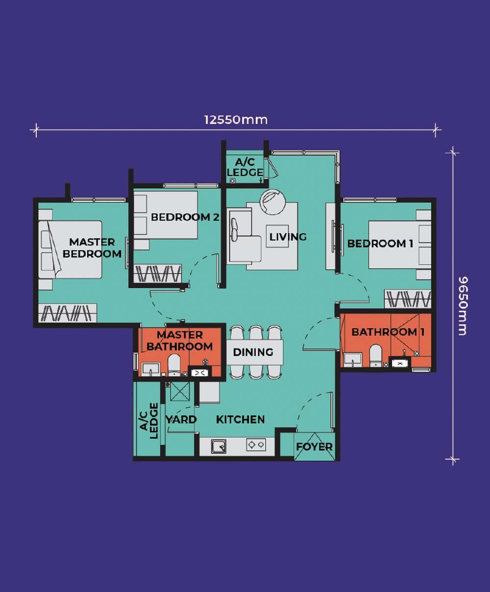 Vividz Type C2 floor plan, 915 sq. ft., 3 bedrooms without balcony