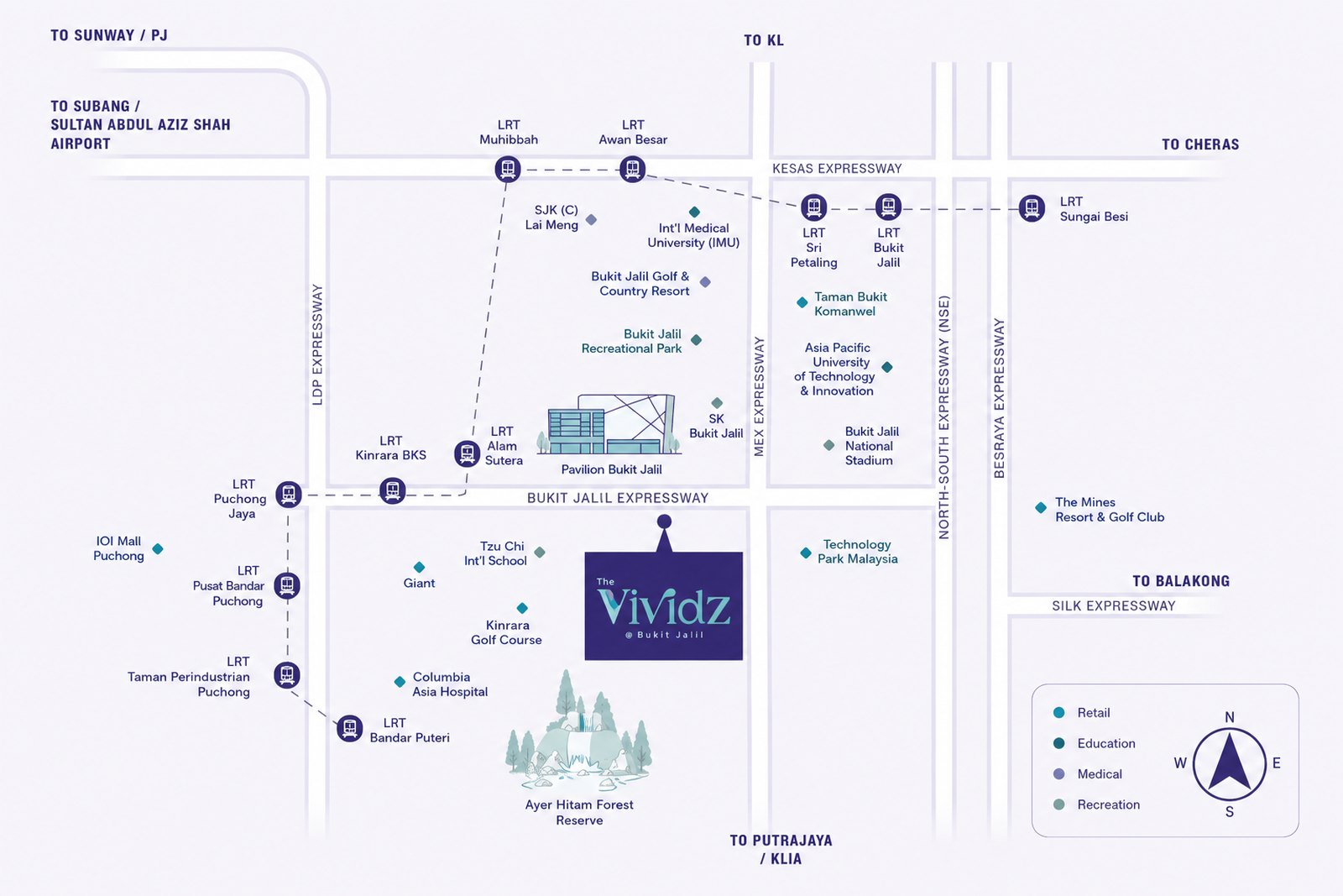 Location map of The Vividz @ Bukit Jalil showing LRT stations, expressways and nearby amenities